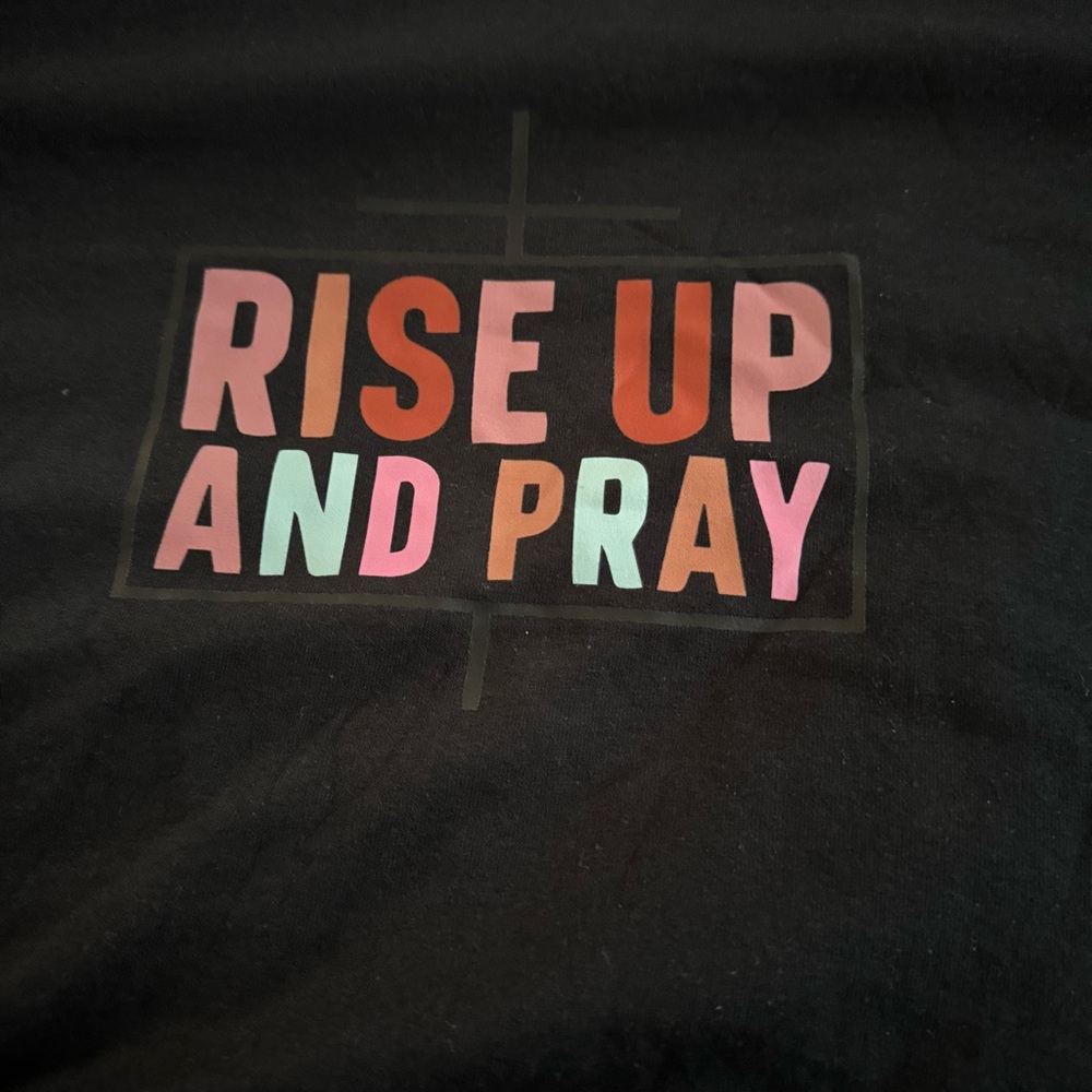 Black Tee with Multicolor 'Rise Up and Pray' Print